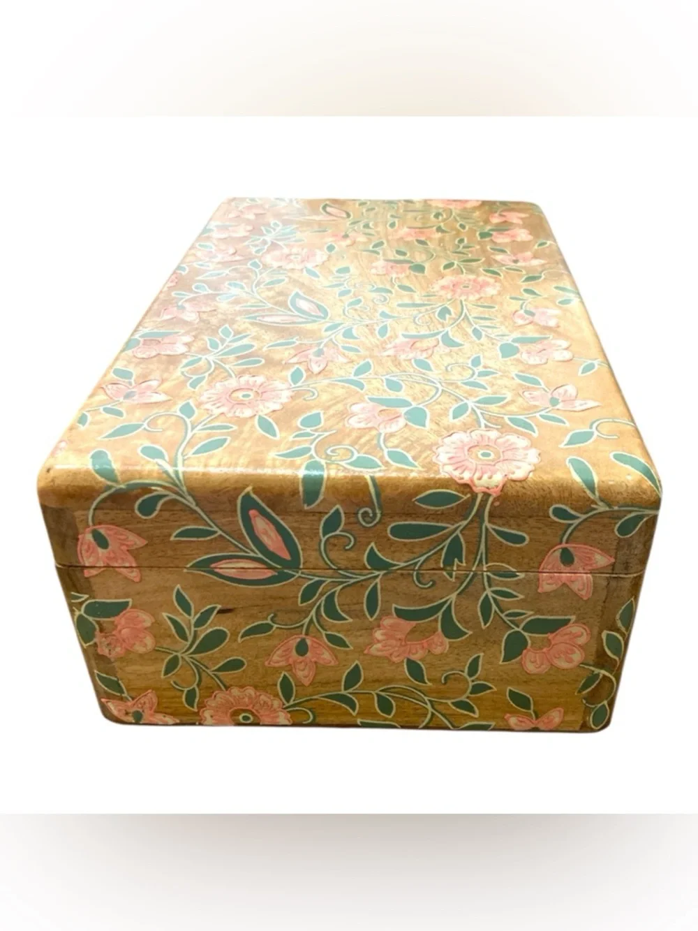 Hand Painted Large Wooden Floral Storage Box Pink Flowers Boho Made in India NWT